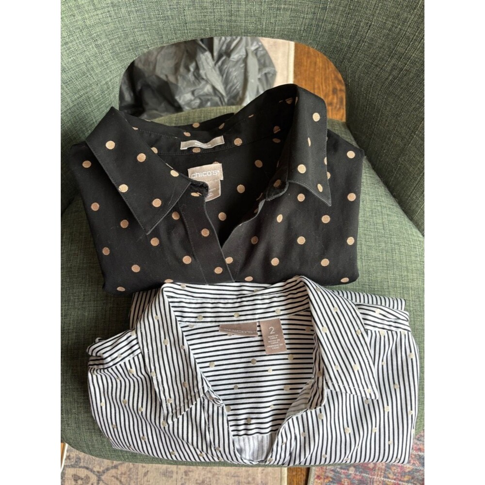 Chico's set of 2 women’s polka dot Button-Up Shirt size 12/14 classic work GUC